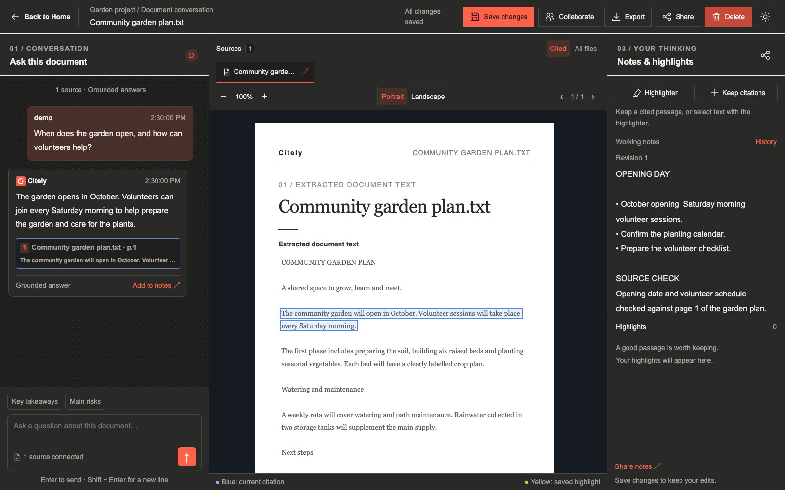 Citely workspace showing a source document, a cited conversation and working notes together.