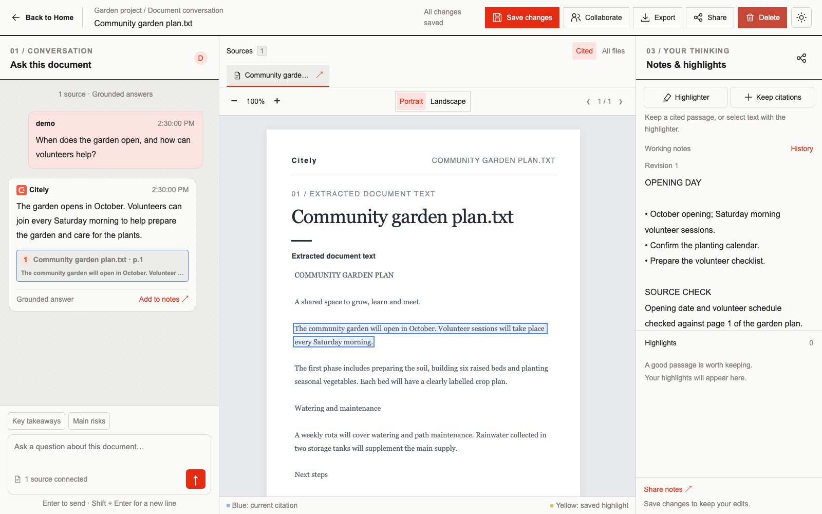 Citely workspace showing a source document, a cited conversation and working notes together.